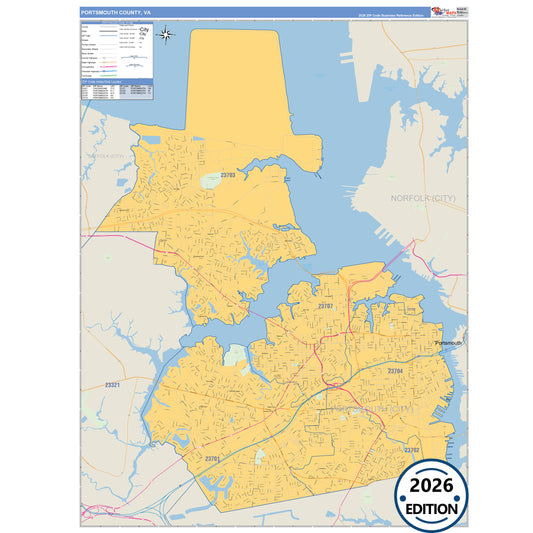 Portsmouth County, VA Business Reference 5 Digit ZIP Code Wall Map