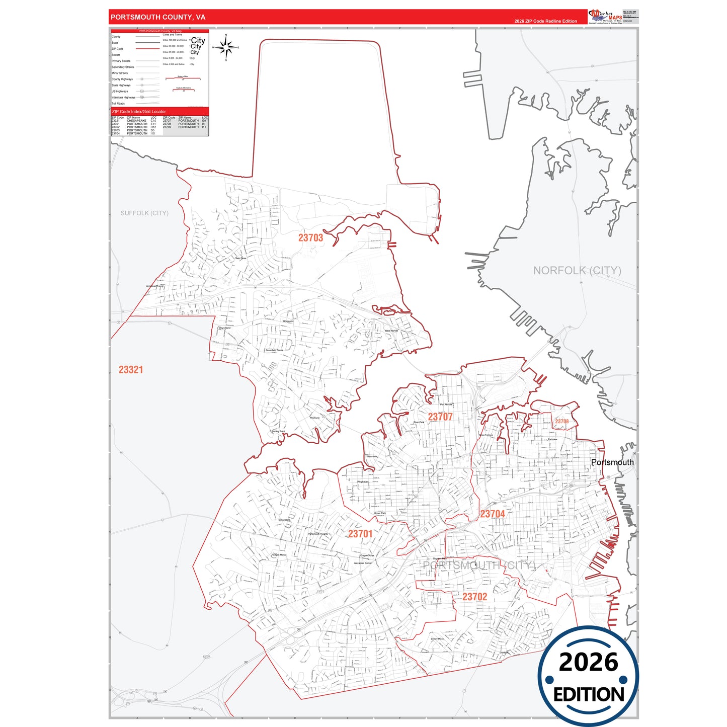 Portsmouth County, VA Red Line 5 Digit ZIP Code Wall Map