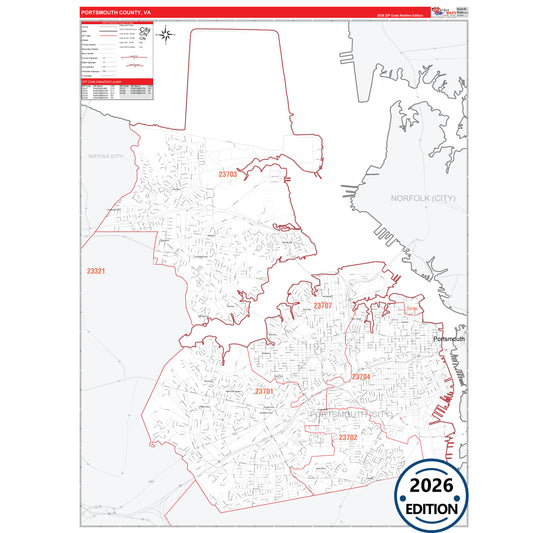 Portsmouth County, VA Red Line 5 Digit ZIP Code Wall Map