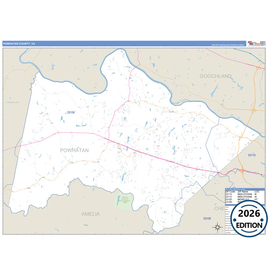 Powhatan County, VA Business Reference 5 Digit ZIP Code Wall Map