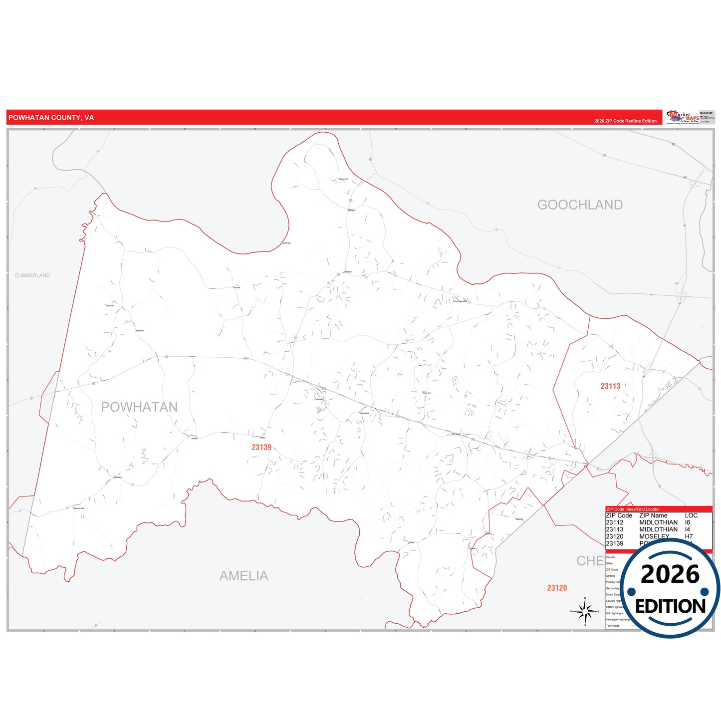 Powhatan County, VA Red Line 5 Digit ZIP Code Wall Map