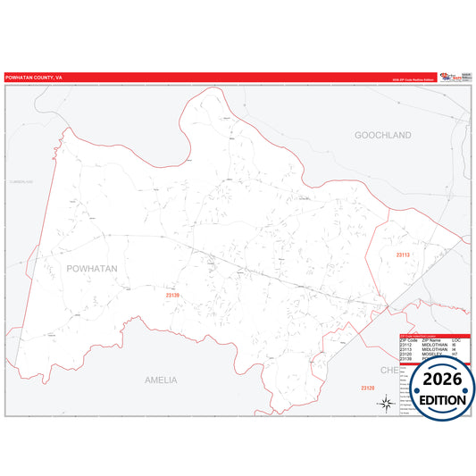 Powhatan County, VA Red Line 5 Digit ZIP Code Wall Map