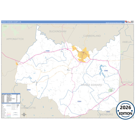 Prince Edward County, VA Business Reference 5 Digit ZIP Code Wall Map