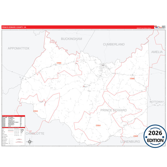 Prince Edward County, VA Red Line 5 Digit ZIP Code Wall Map