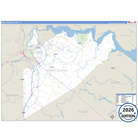 Prince George County, VA Business Reference 5 Digit ZIP Code Wall Map