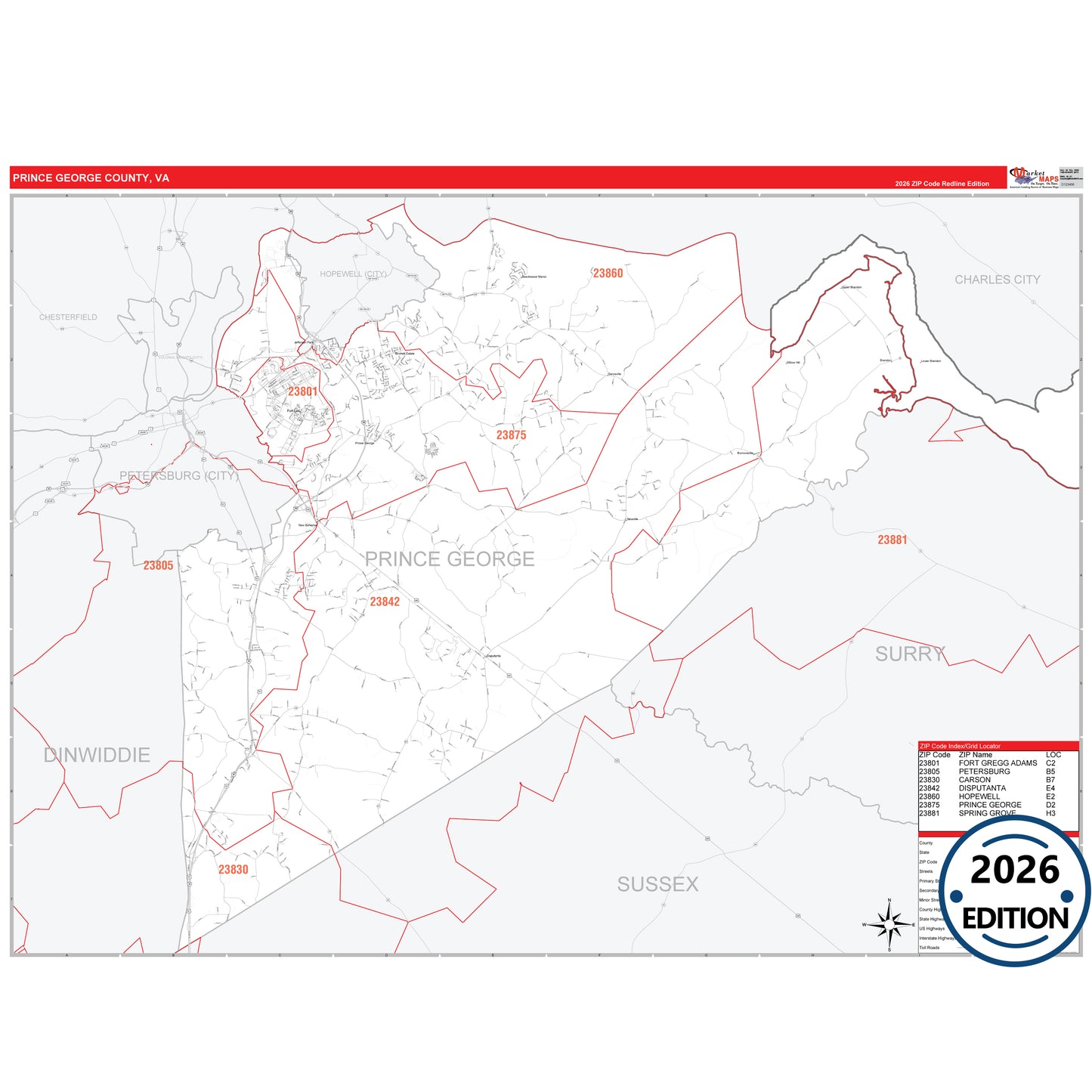 Prince George County, VA Red Line 5 Digit ZIP Code Wall Map