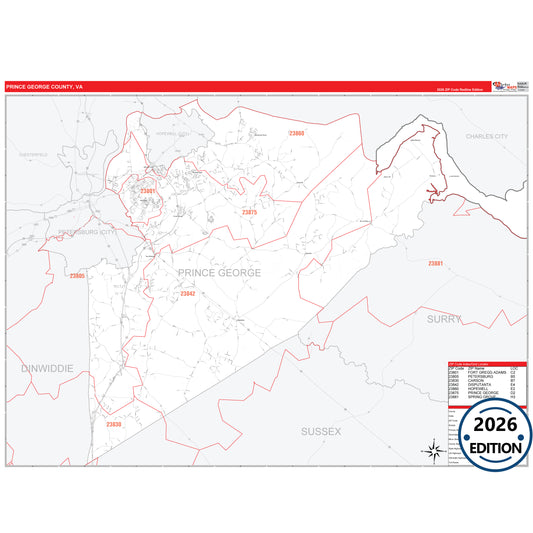 Prince George County, VA Red Line 5 Digit ZIP Code Wall Map