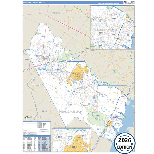 Prince William County, VA Business Reference 5 Digit ZIP Code Wall Map