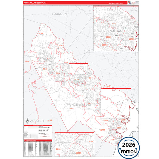 Prince William County, VA Red Line 5 Digit ZIP Code Wall Map