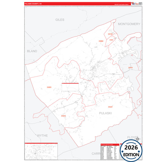 Pulaski County, VA Red Line 5 Digit ZIP Code Wall Map