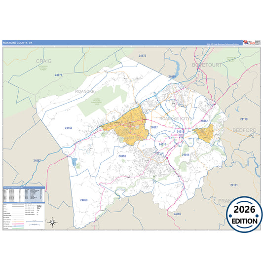 Roanoke County, VA Business Reference 5 Digit ZIP Code Wall Map