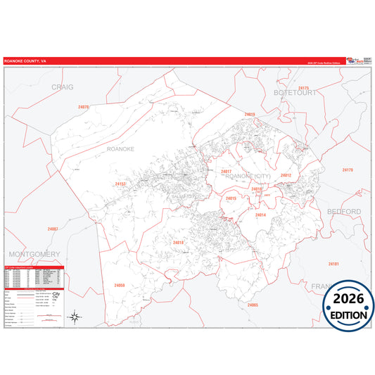 Roanoke County, VA Red Line 5 Digit ZIP Code Wall Map
