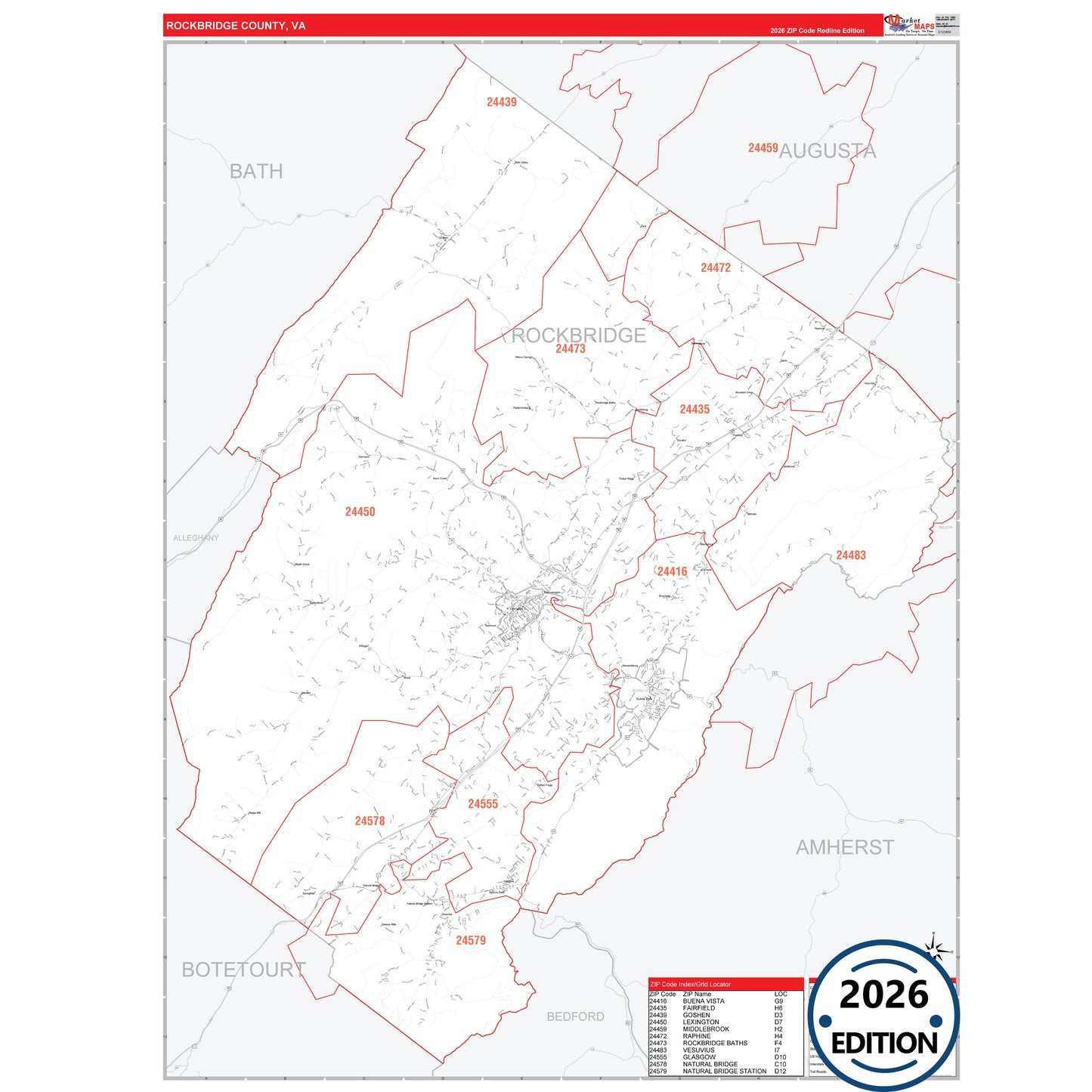 Rockbridge County, VA Red Line 5 Digit ZIP Code Wall Map