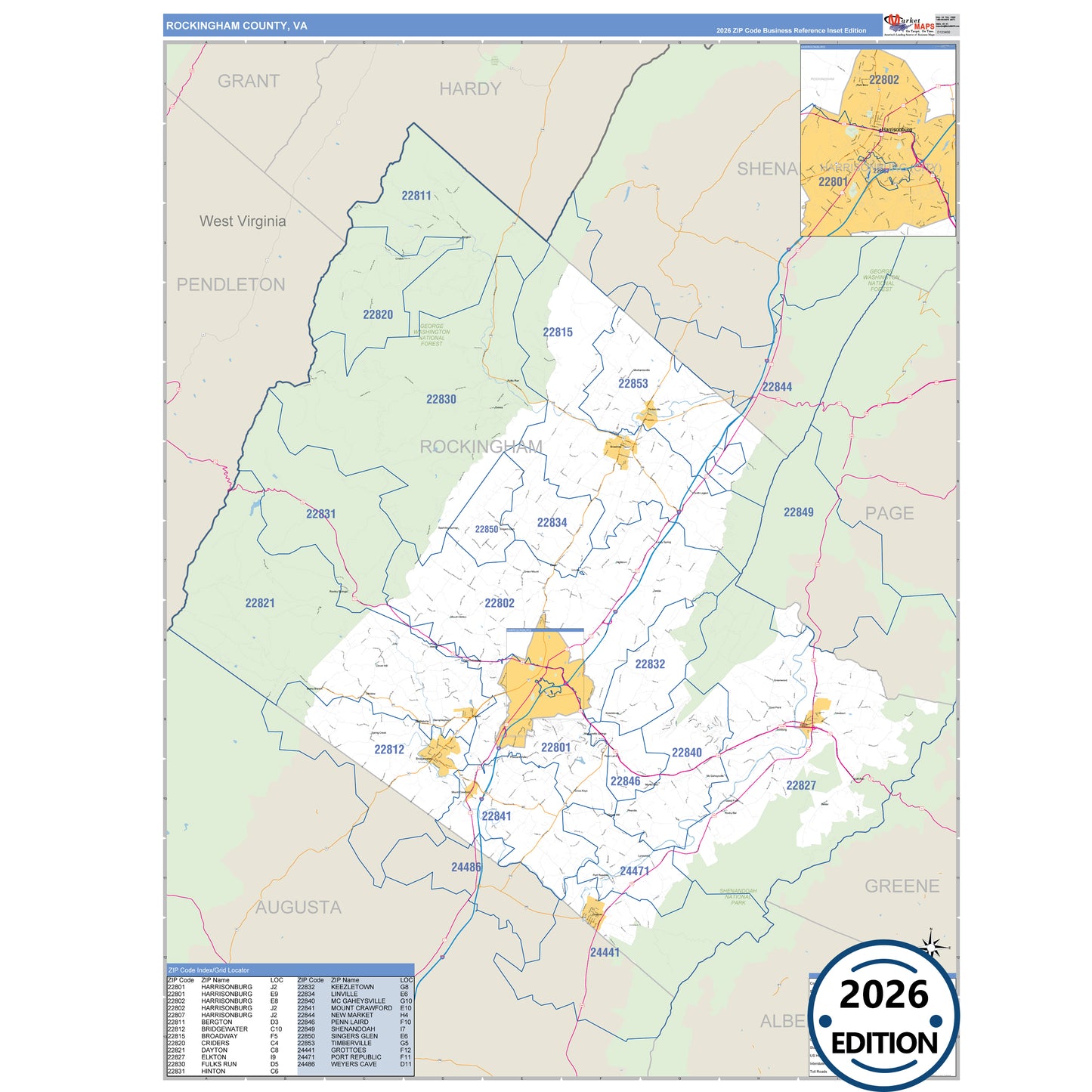 Rockingham County, VA Business Reference 5 Digit ZIP Code Wall Map