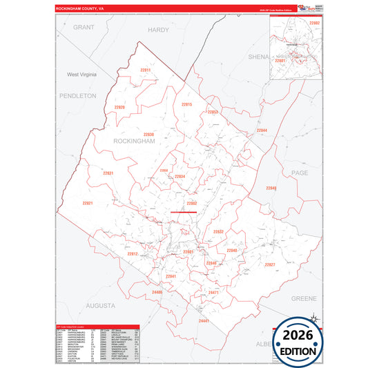 Rockingham County, VA Red Line 5 Digit ZIP Code Wall Map