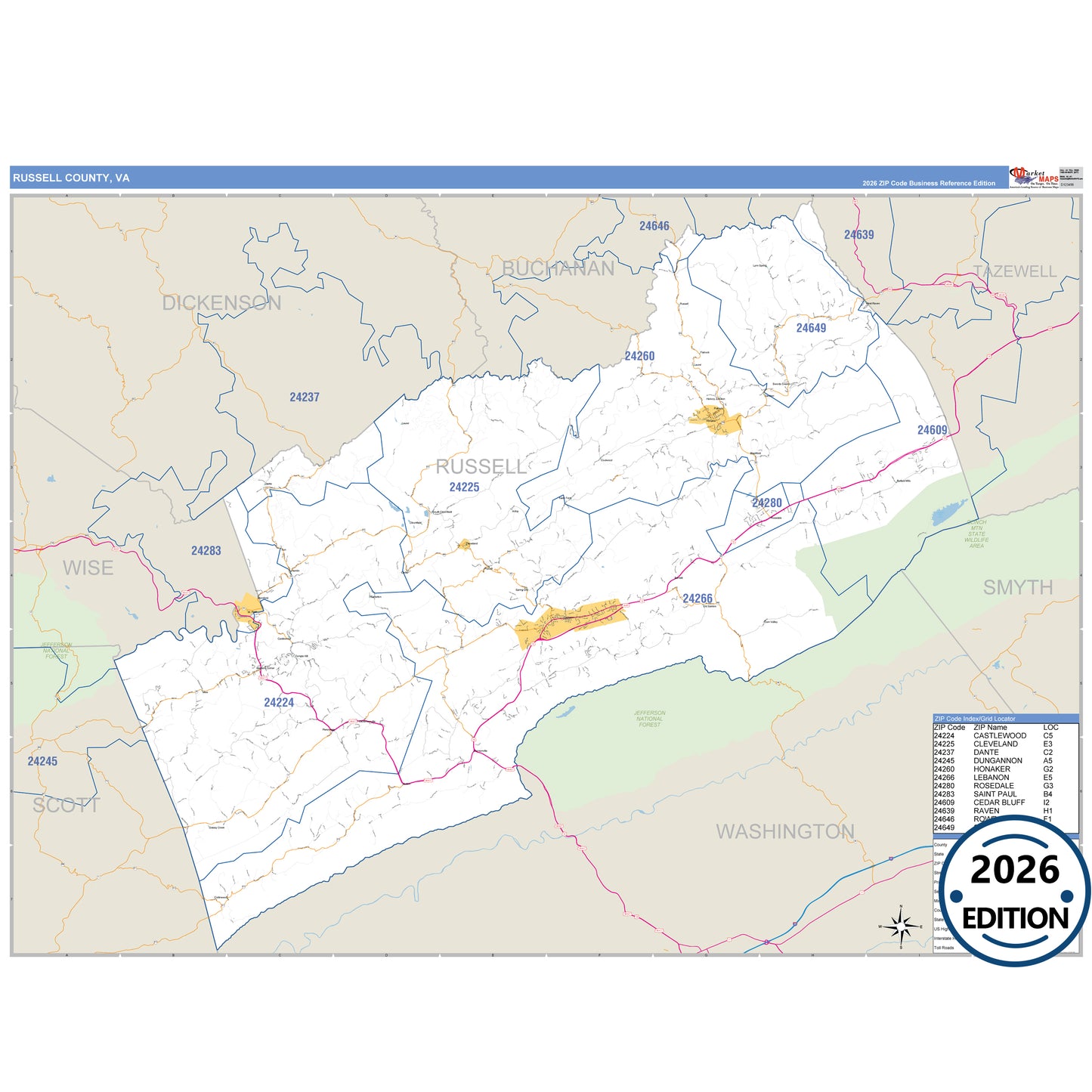 Russell County, VA Business Reference 5 Digit ZIP Code Wall Map