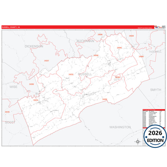 Russell County, VA Red Line 5 Digit ZIP Code Wall Map
