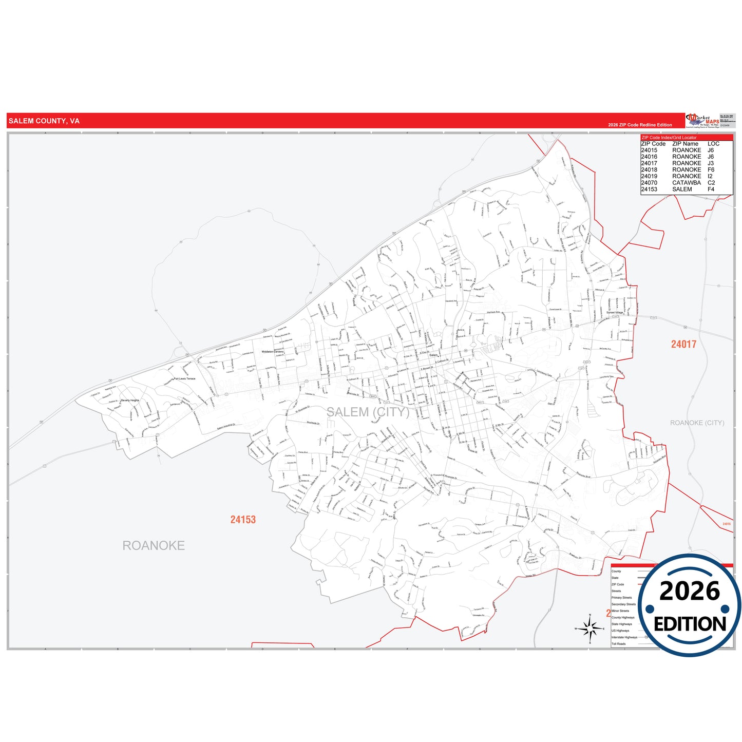 Salem County, VA Red Line 5 Digit ZIP Code Wall Map
