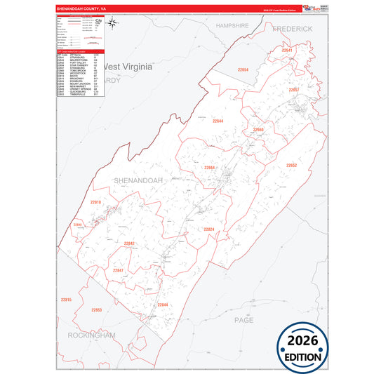 Shenandoah County, VA Red Line 5 Digit ZIP Code Wall Map