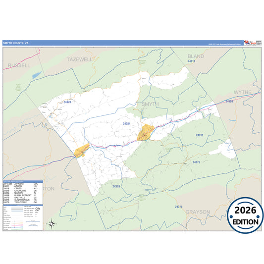 Smyth County, VA Business Reference 5 Digit ZIP Code Wall Map