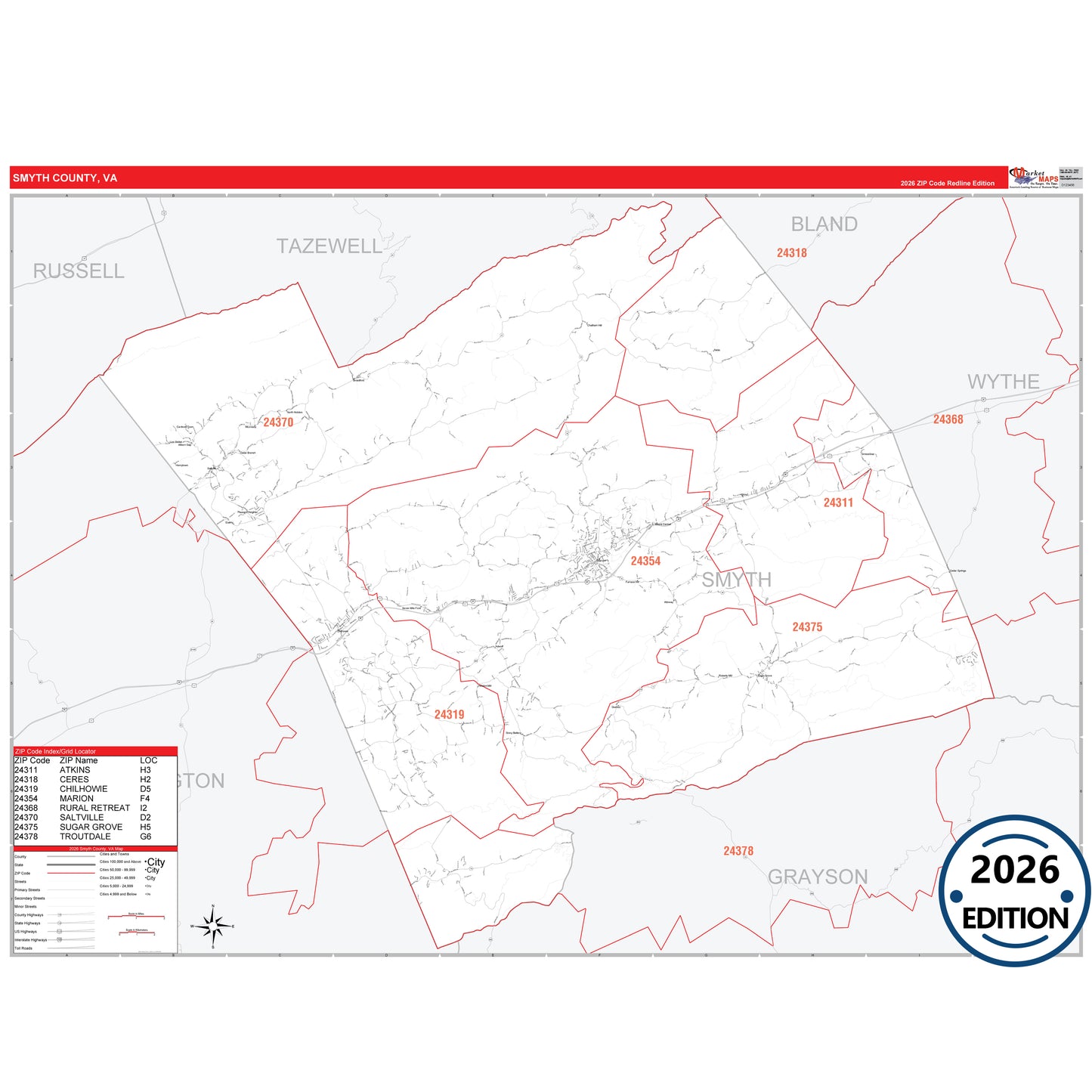 Smyth County, VA Red Line 5 Digit ZIP Code Wall Map