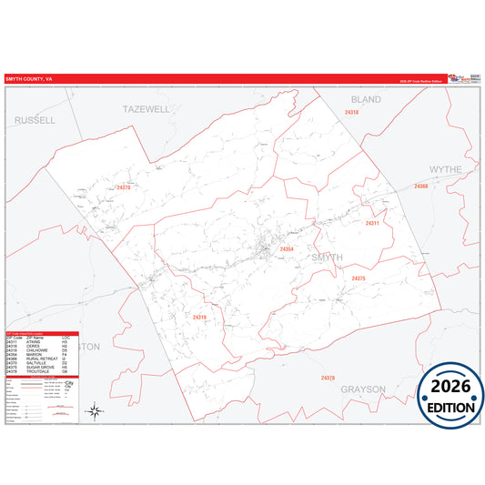 Smyth County, VA Red Line 5 Digit ZIP Code Wall Map