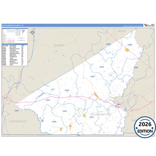 Southampton County, VA Business Reference 5 Digit ZIP Code Wall Map