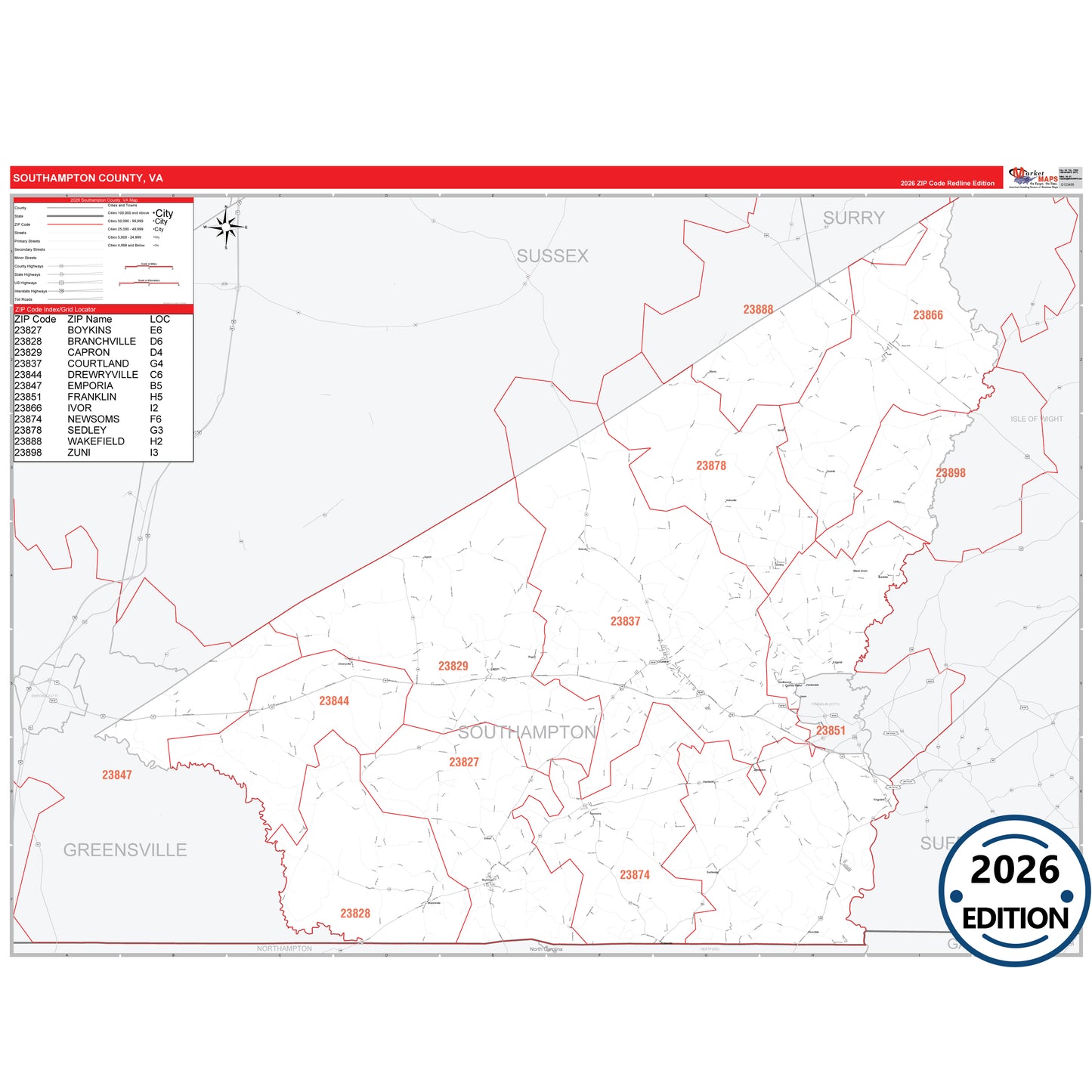 Southampton County, VA Red Line 5 Digit ZIP Code Wall Map