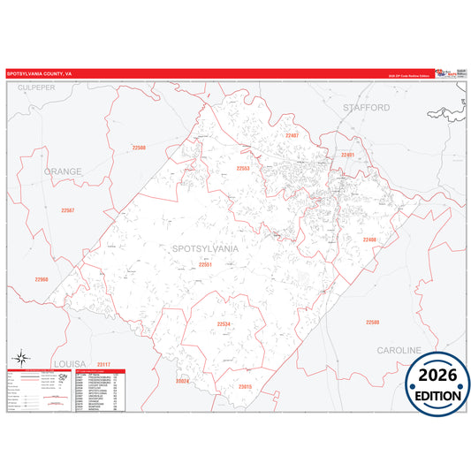 Spotsylvania County, VA Red Line 5 Digit ZIP Code Wall Map