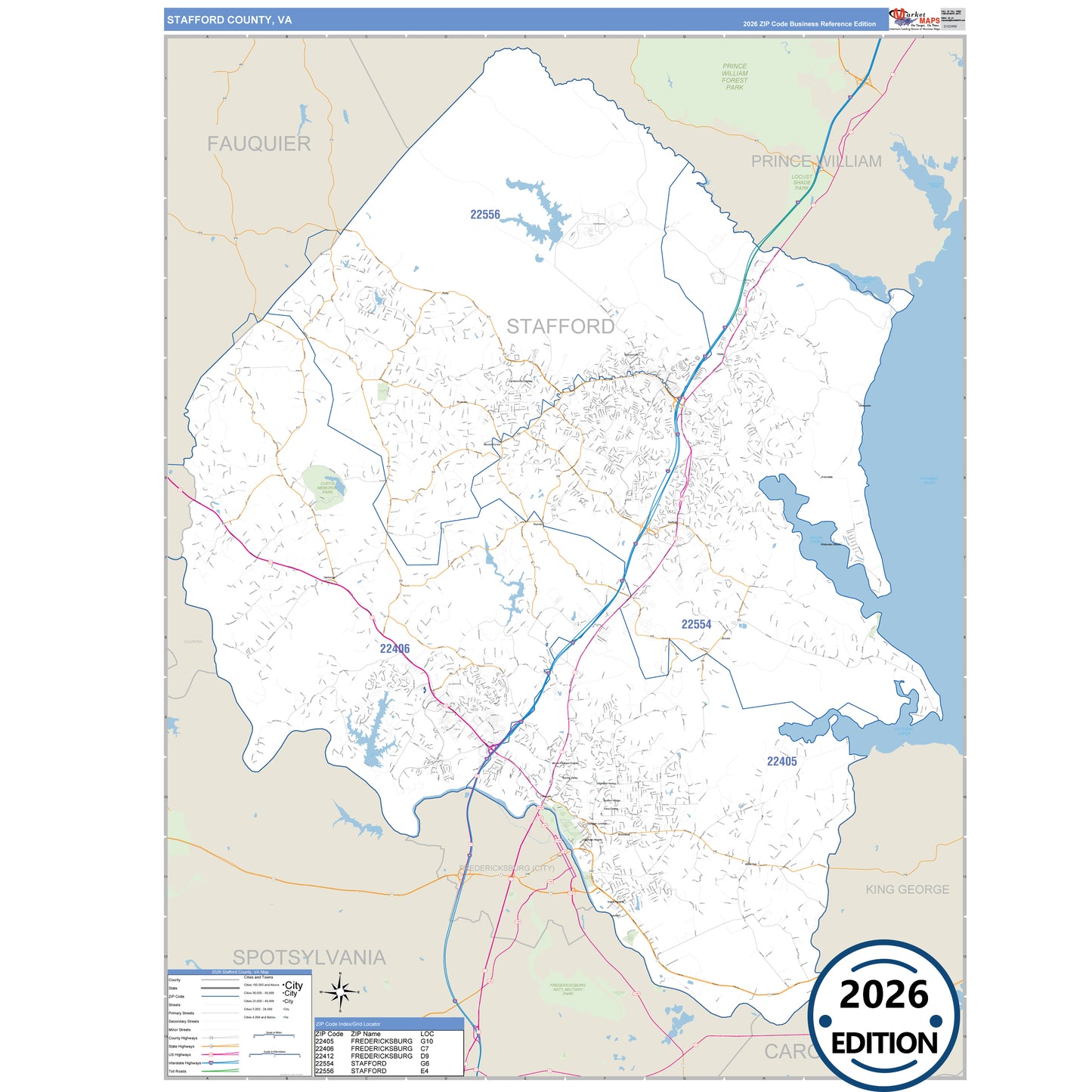 Stafford County, VA Business Reference 5 Digit ZIP Code Wall Map