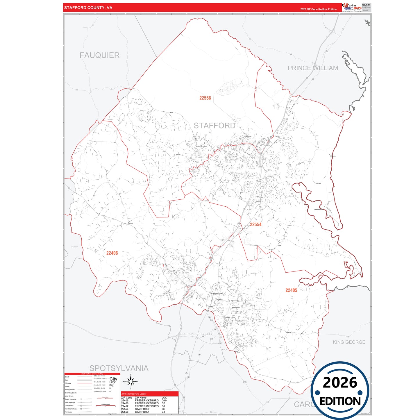 Stafford County, VA Red Line 5 Digit ZIP Code Wall Map