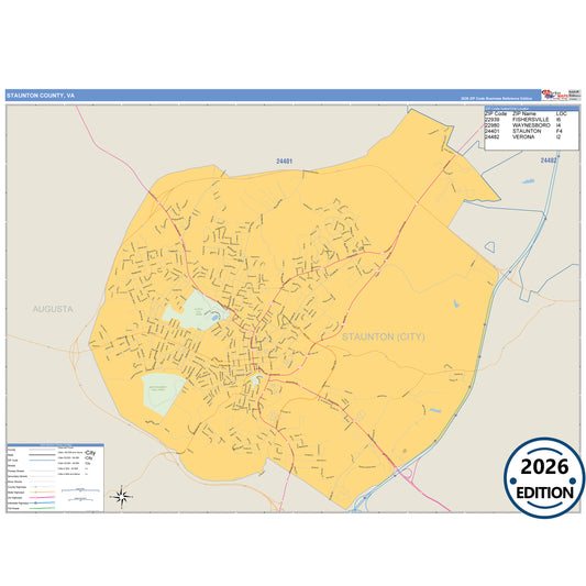 Staunton County, VA Business Reference 5 Digit ZIP Code Wall Map
