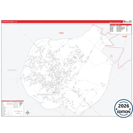 Staunton County, VA Red Line 5 Digit ZIP Code Wall Map