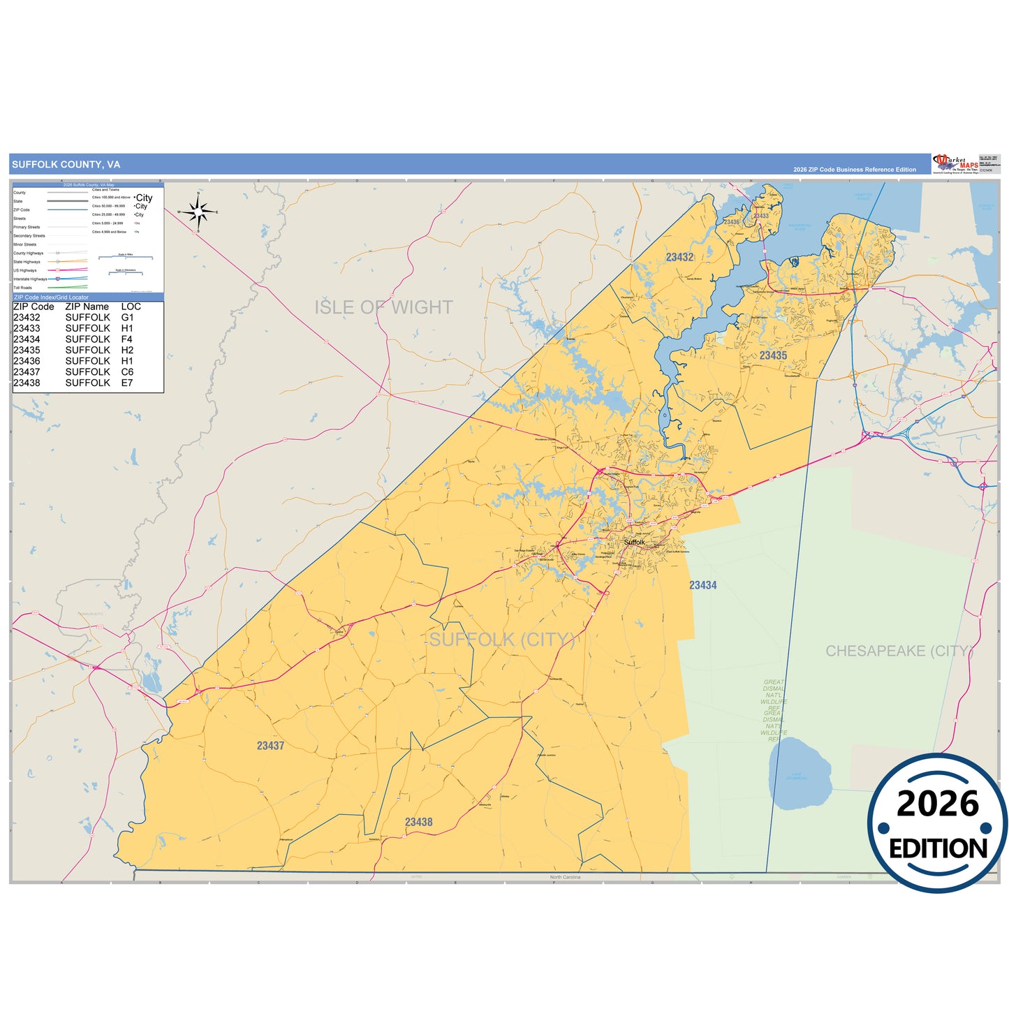 Suffolk County, VA Business Reference 5 Digit ZIP Code Wall Map