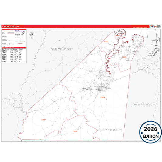 Suffolk County, VA Red Line 5 Digit ZIP Code Wall Map