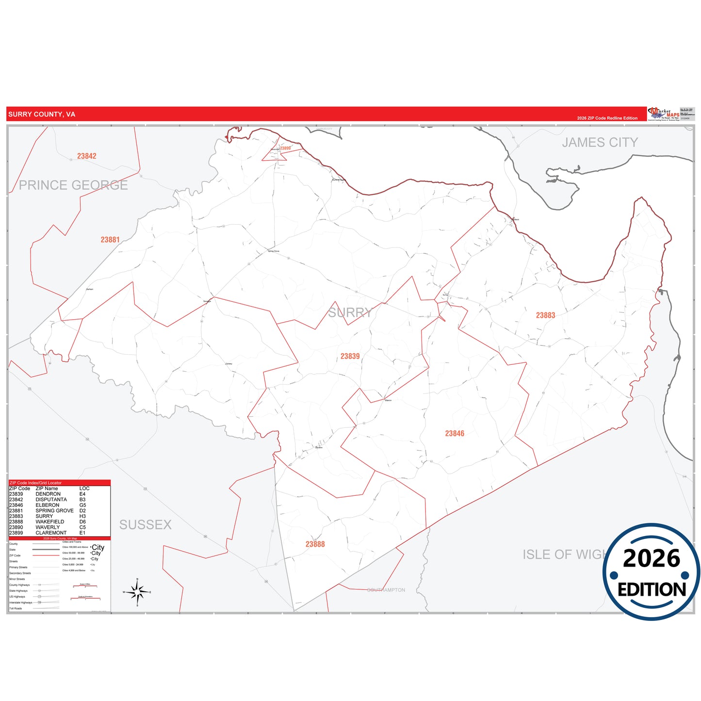 Surry County, VA Red Line 5 Digit ZIP Code Wall Map