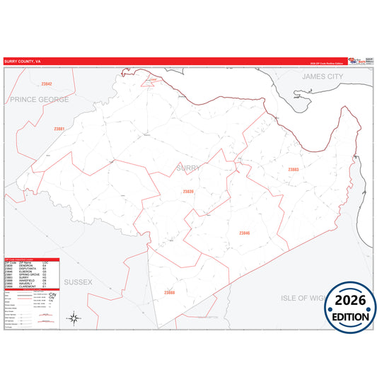 Surry County, VA Red Line 5 Digit ZIP Code Wall Map