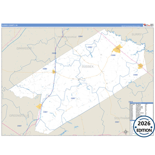 Sussex County, VA Business Reference 5 Digit ZIP Code Wall Map
