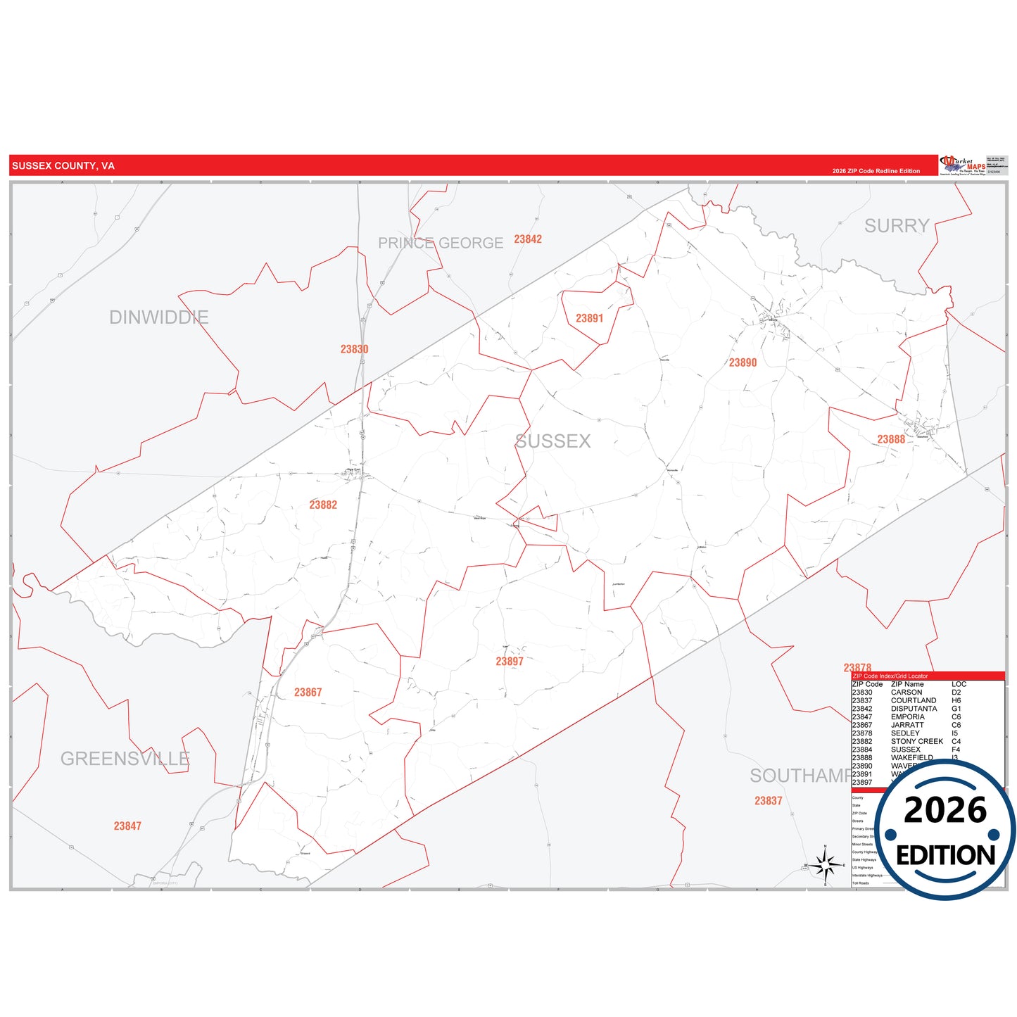 Sussex County, VA Red Line 5 Digit ZIP Code Wall Map