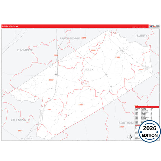 Sussex County, VA Red Line 5 Digit ZIP Code Wall Map