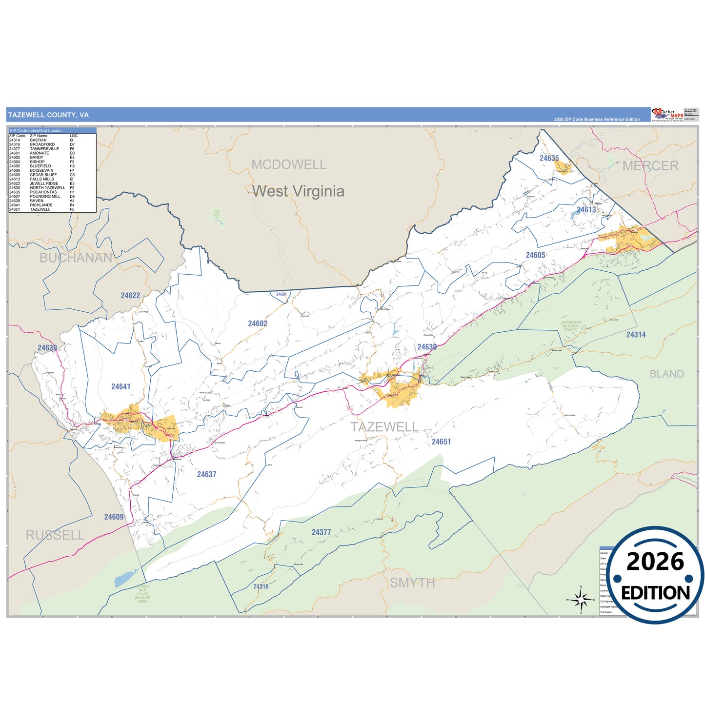 Tazewell County, VA Business Reference 5 Digit ZIP Code Wall Map