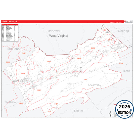 Tazewell County, VA Red Line 5 Digit ZIP Code Wall Map