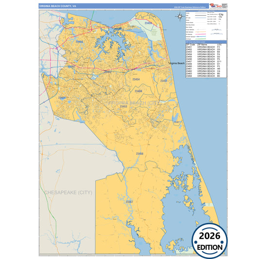 Virginia Beach County, VA Business Reference 5 Digit ZIP Code Wall Map
