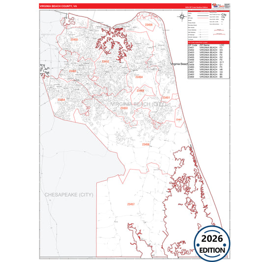 Virginia Beach County, VA Red Line 5 Digit ZIP Code Wall Map