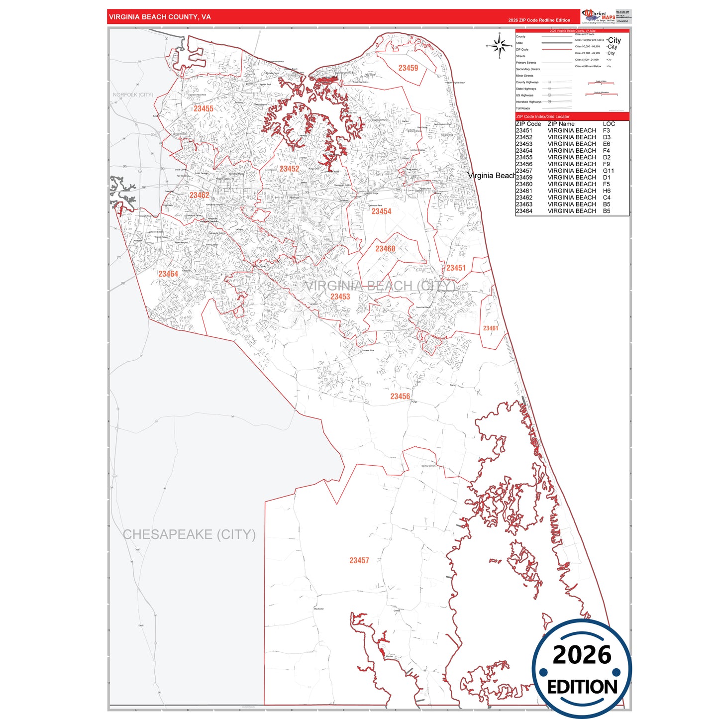 Virginia Beach County, VA Red Line 5 Digit ZIP Code Wall Map