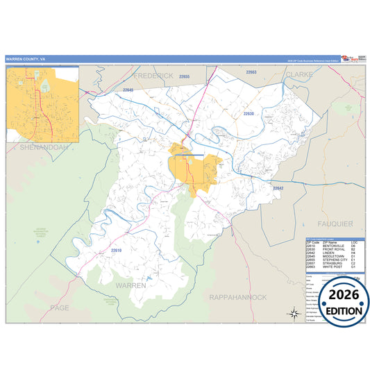 Warren County, VA Business Reference 5 Digit ZIP Code Wall Map