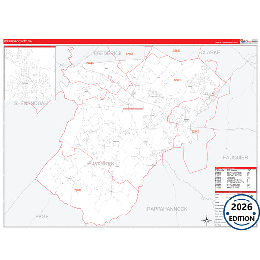 Warren County, VA Red Line 5 Digit ZIP Code Wall Map