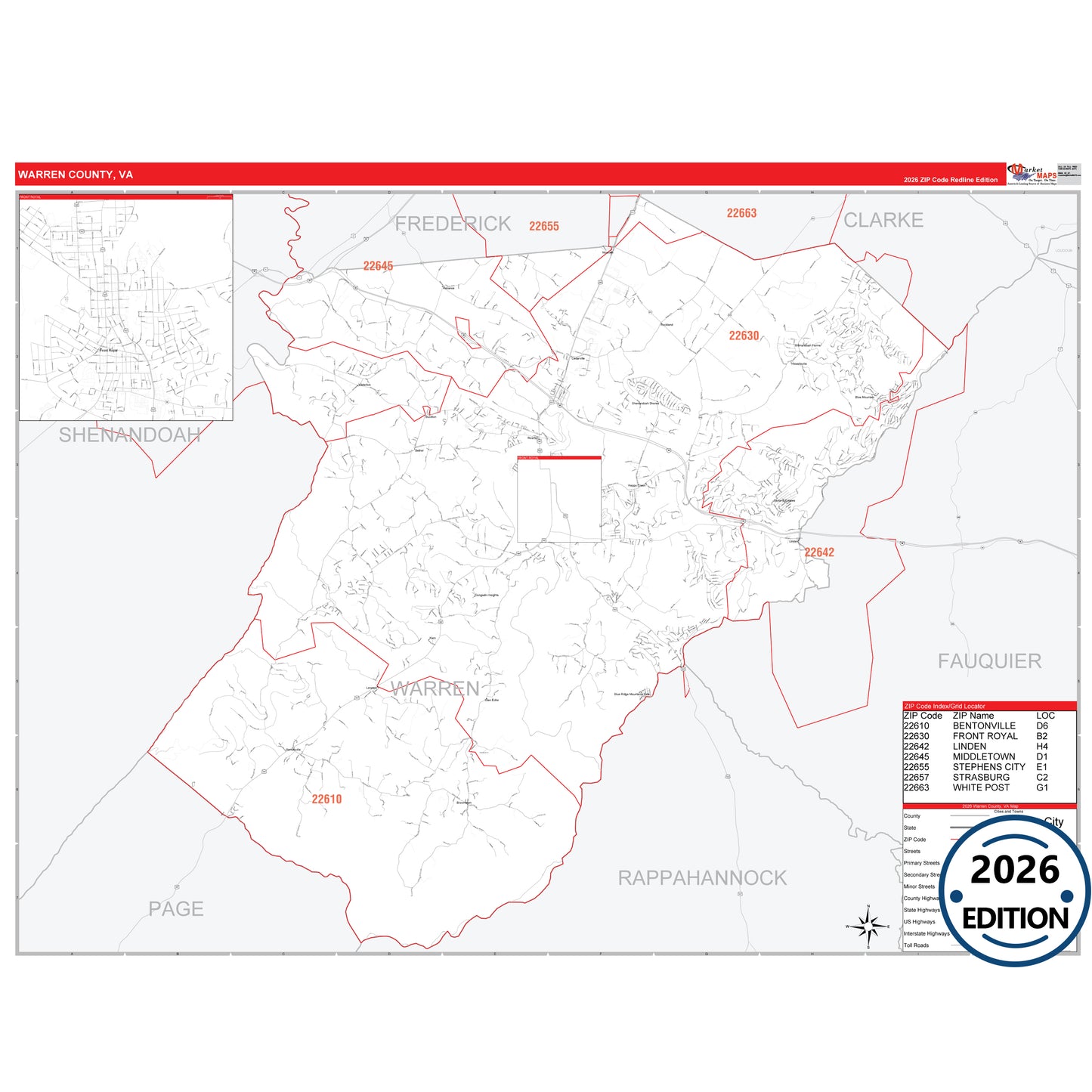 Warren County, VA Red Line 5 Digit ZIP Code Wall Map