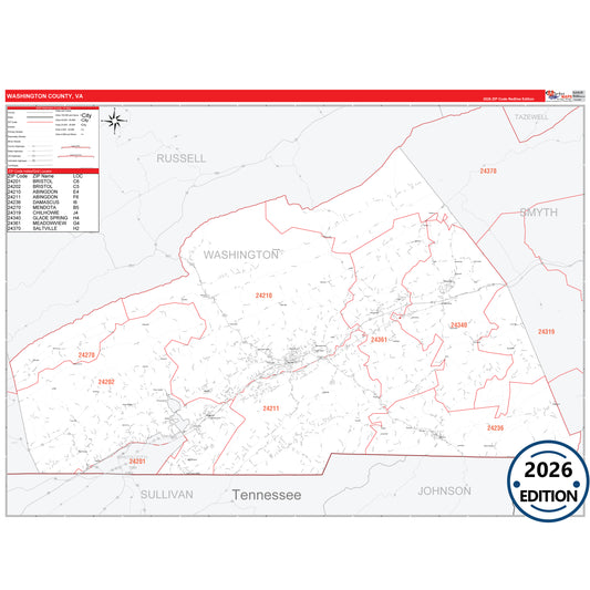 Washington County, VA Red Line 5 Digit ZIP Code Wall Map