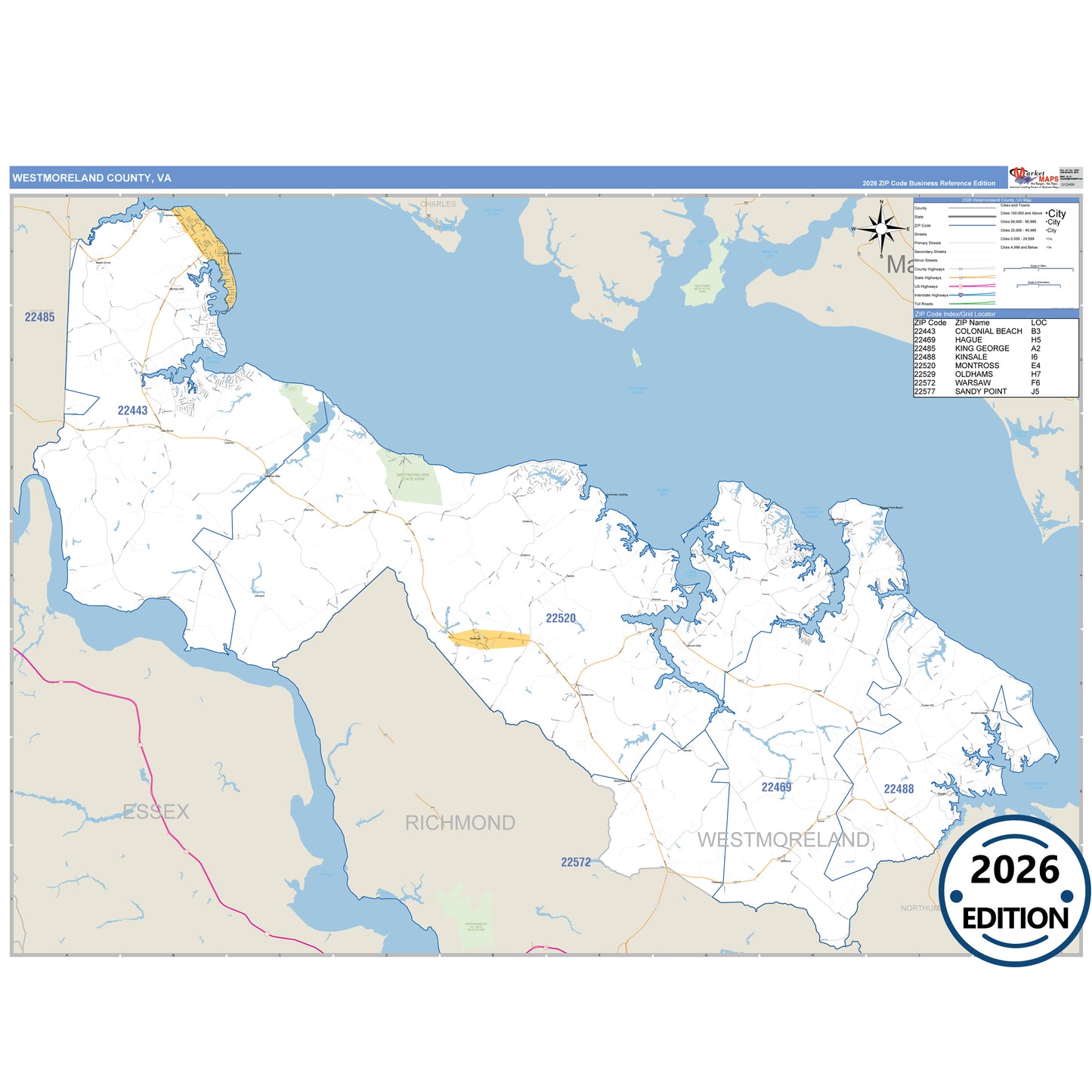 Westmoreland County, VA Business Reference 5 Digit ZIP Code Wall Map